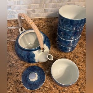 Japanese Blue Floral Tea & Saki Set
